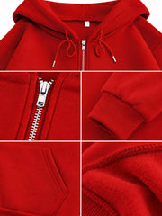 Close-up collage of red hoodie zipper, cuff, pocket seam and fabric texture