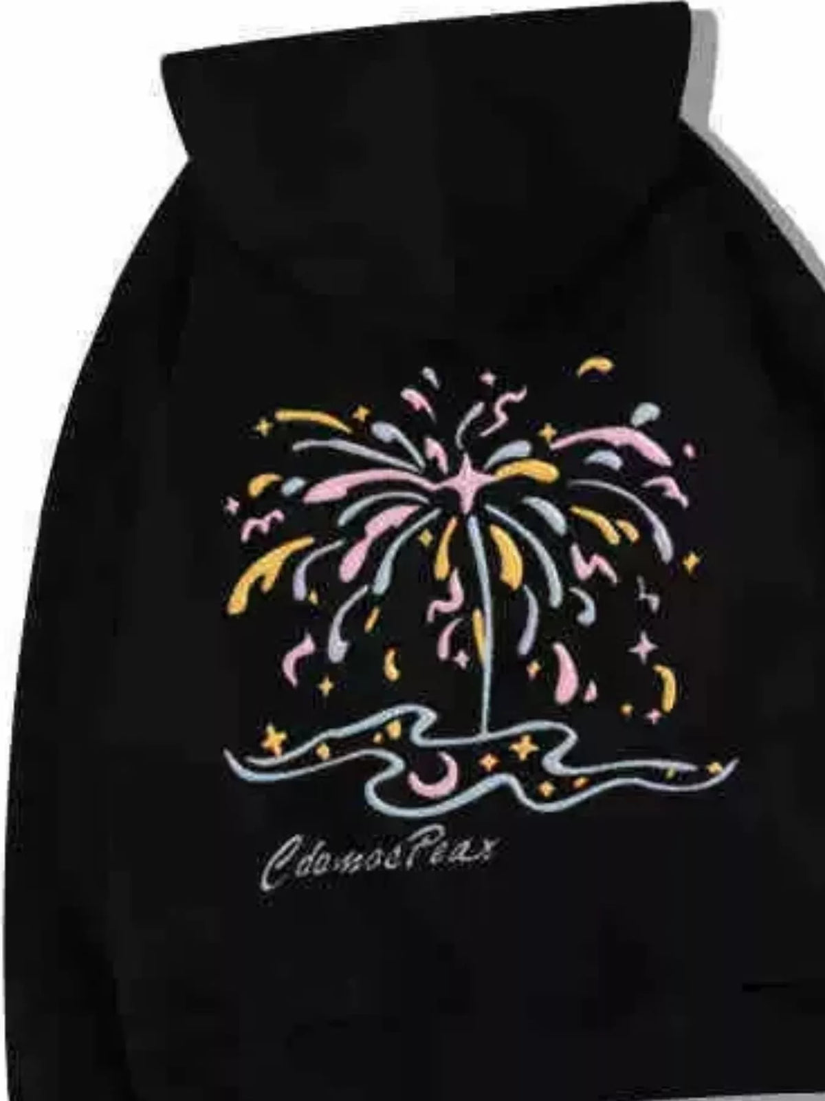 Close view of black hoodie's back with colourful fireworks and star print