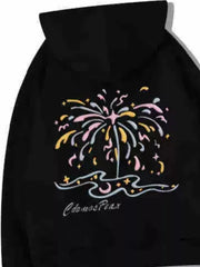 Close view of black hoodie's back with colourful fireworks and star print