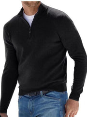 Black quarter-zip sweater modeled with blue jeans