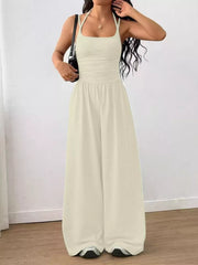 Women's spaghetti-strap wide-leg jumpsuit, ivory front view