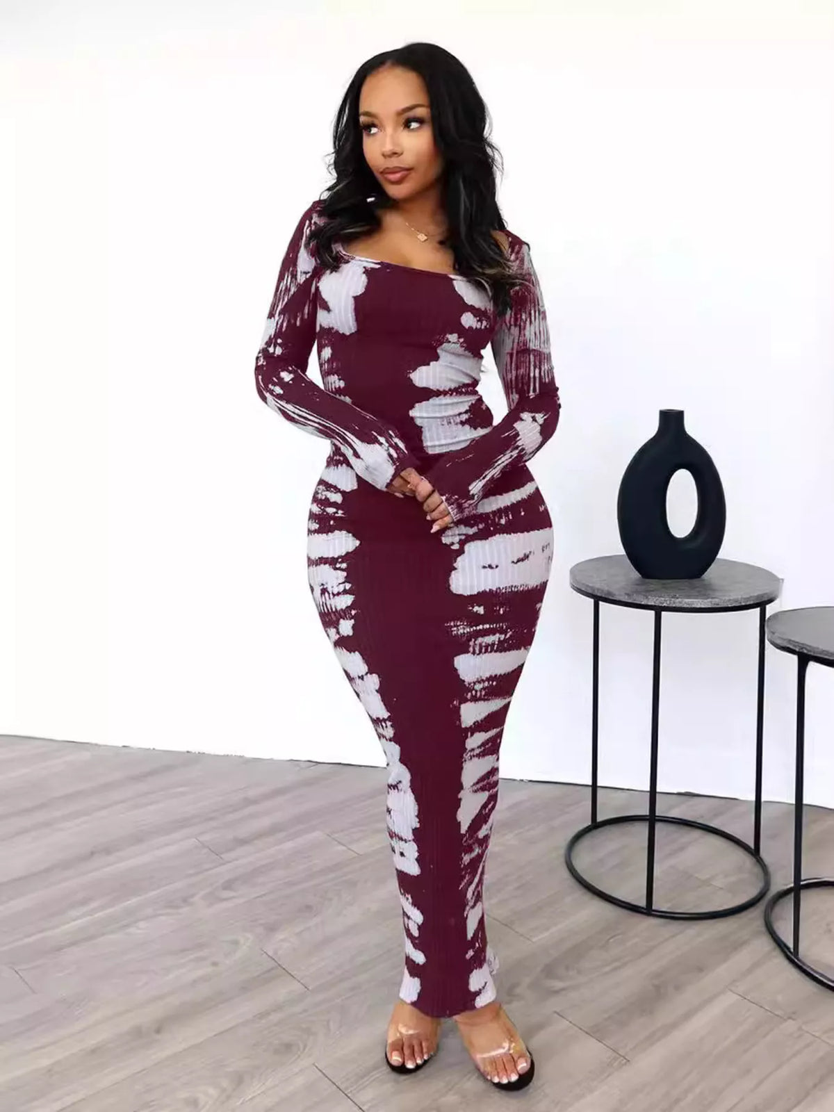 Wine red and white tie-dye long-sleeve maxi dress, full-length front view