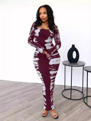 Wine red and white tie-dye long-sleeve maxi dress, full-length front view