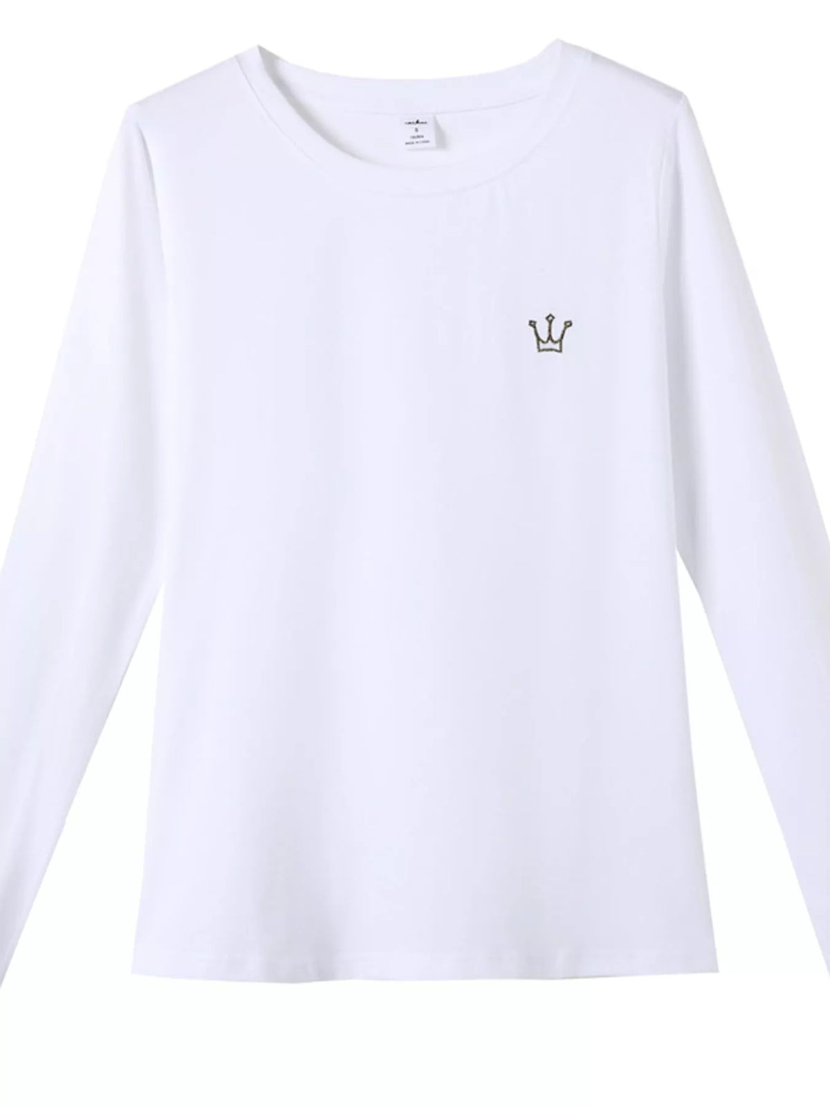 White long-sleeve T-shirt with small crown embroidery, front view