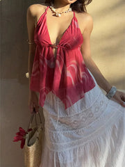 Pink sheer halter cami front over white tiered skirt