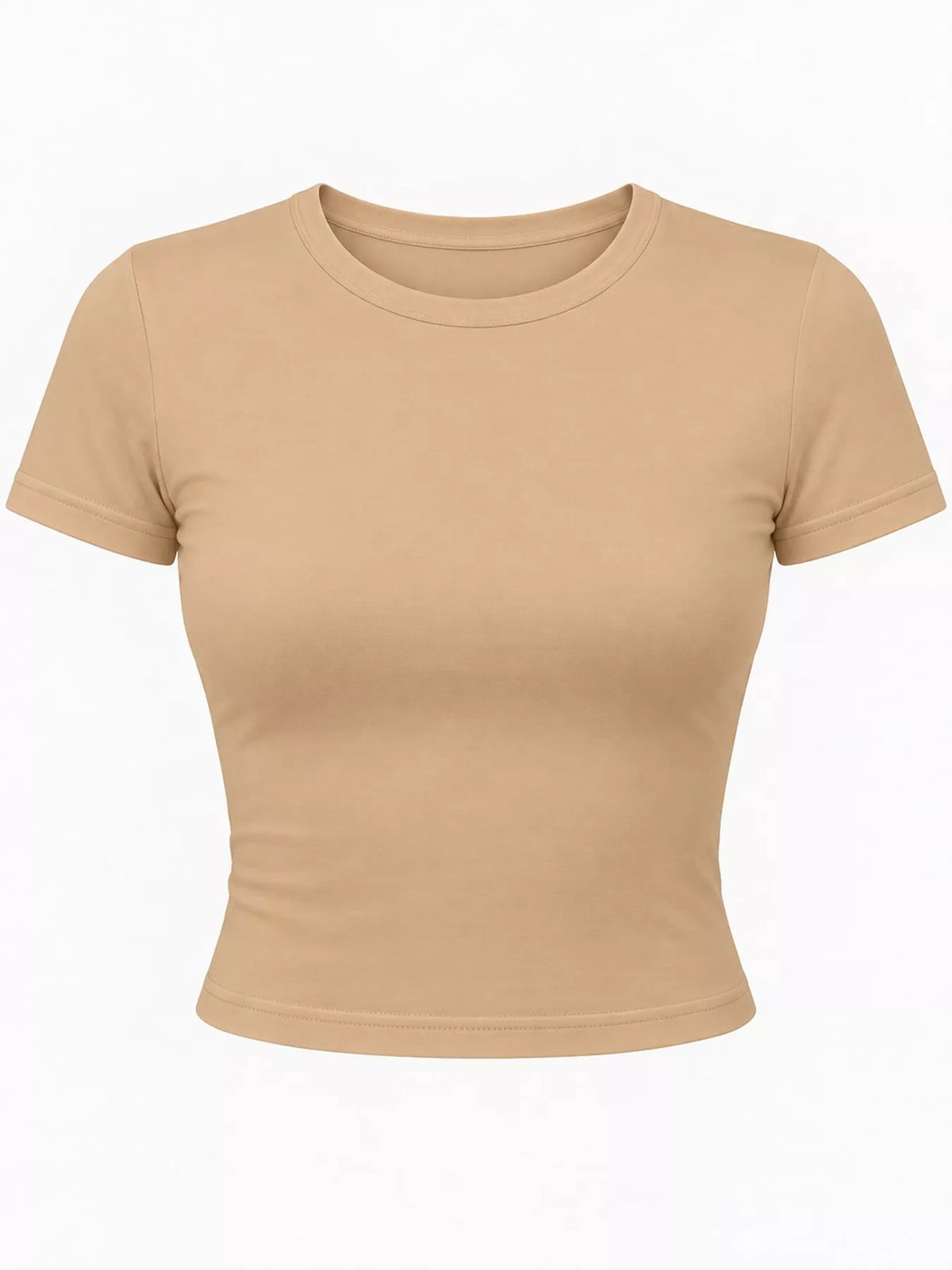 Front view of a beige cropped crew-neck short-sleeve T-shirt