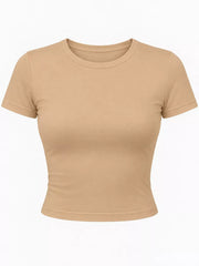 Front view of a beige cropped crew-neck short-sleeve T-shirt