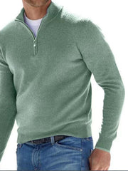 Sage green quarter-zip sweater modeled with blue jeans