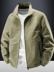 Light olive zip jacket displayed over a white T-shirt with a raised collar