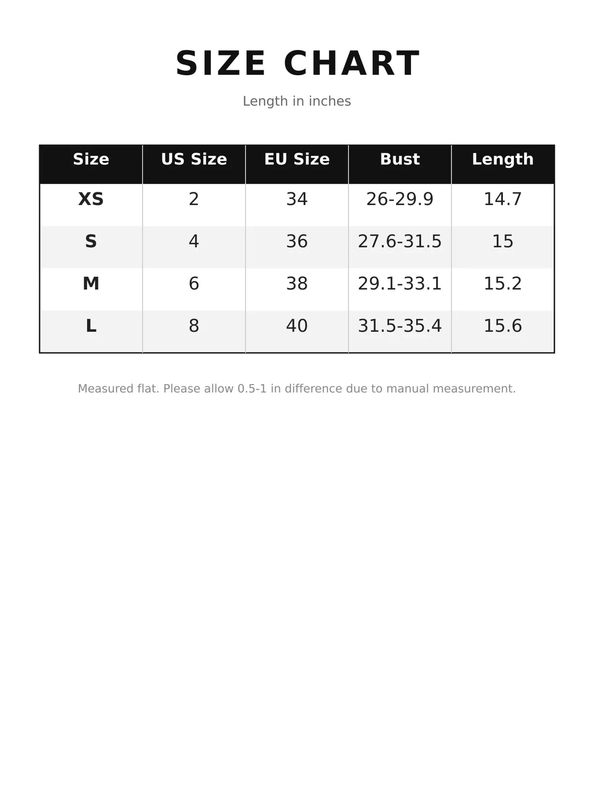 Size chart listing measurements for the halter crop cami