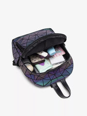 Open geometric backpack with items visible inside