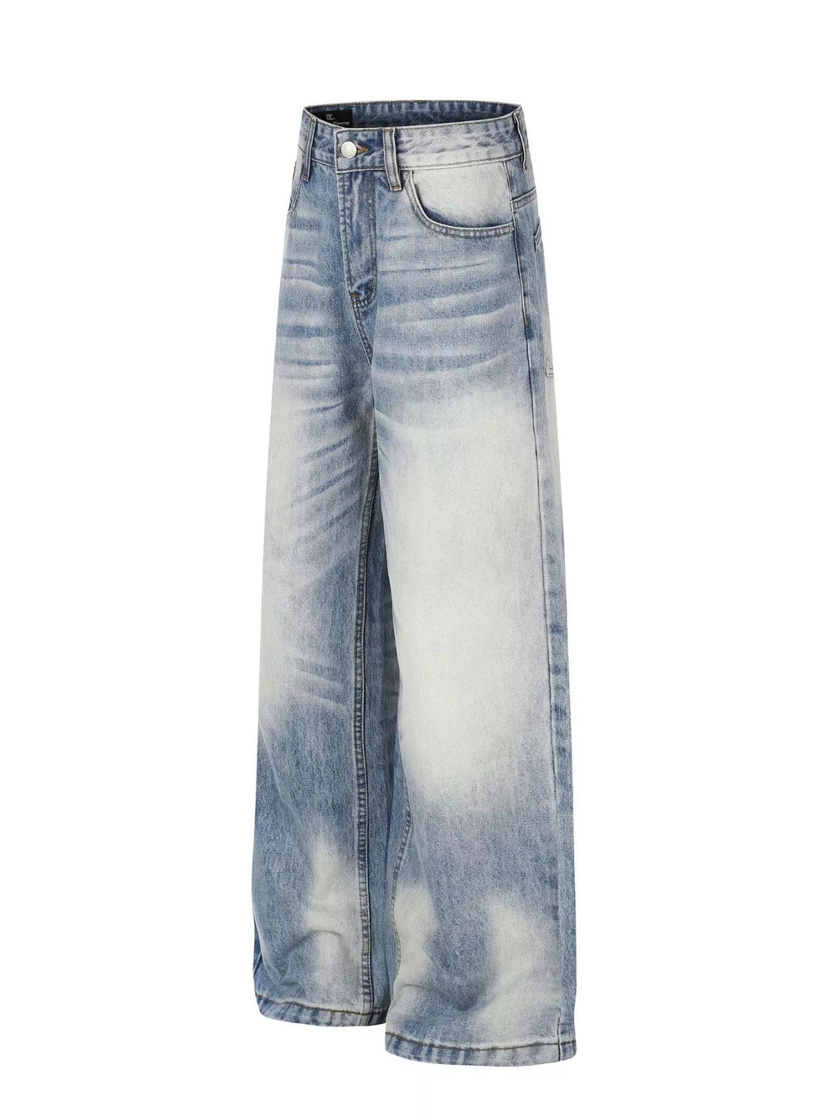 Angled front view of light-wash wide-leg jeans