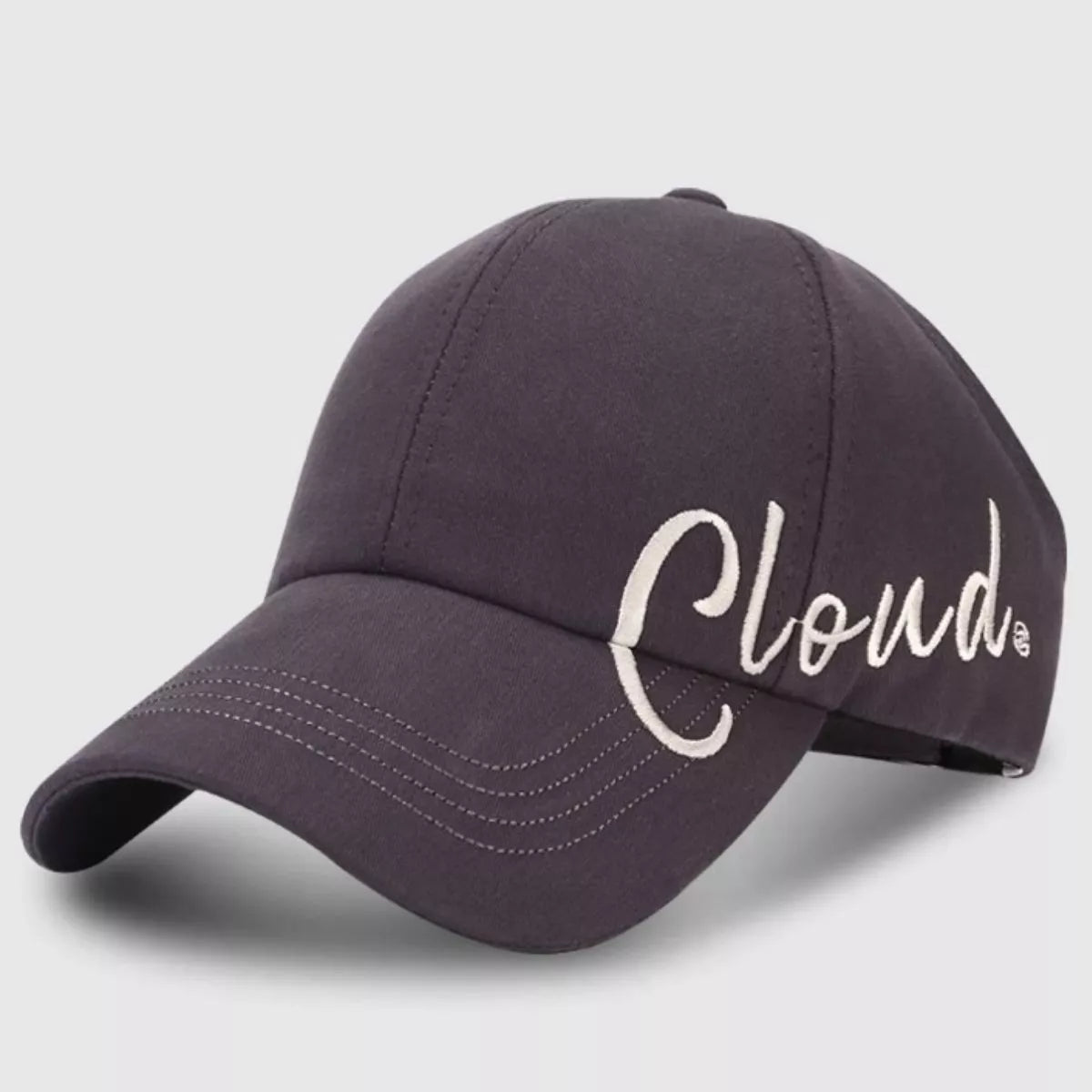 Grey baseball cap with white Cloud script embroidery