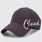 Grey baseball cap with white Cloud script embroidery