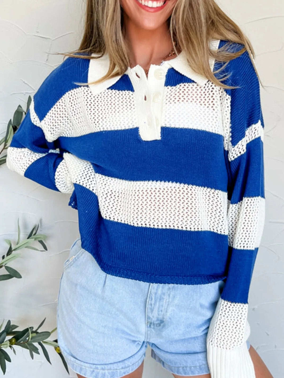 Front view of blue and white striped crochet cover-up