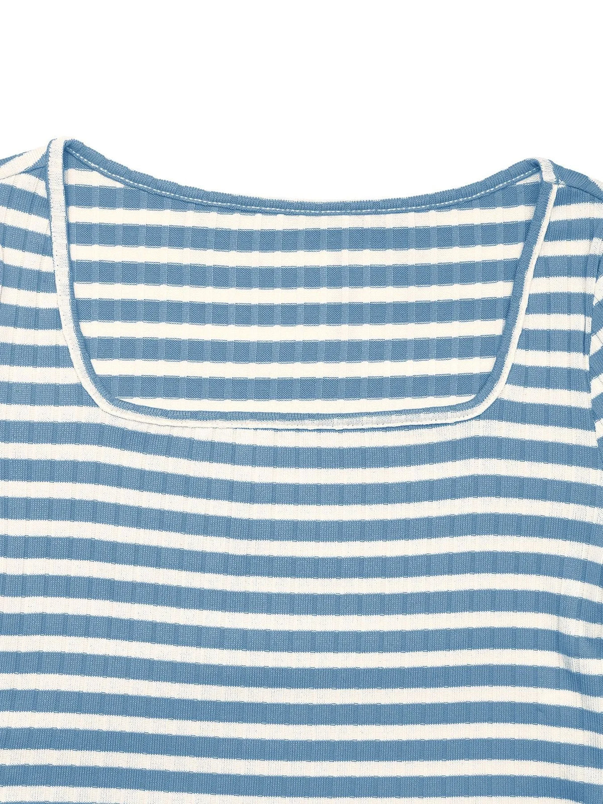 Close-up of drawstring waistband on blue striped lounge pants