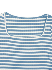 Close-up of drawstring waistband on blue striped lounge pants
