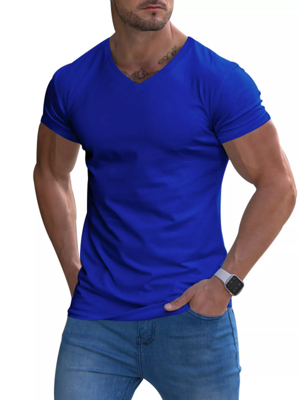 Man wearing a royal blue V-neck T-shirt