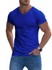 Man wearing a royal blue V-neck T-shirt