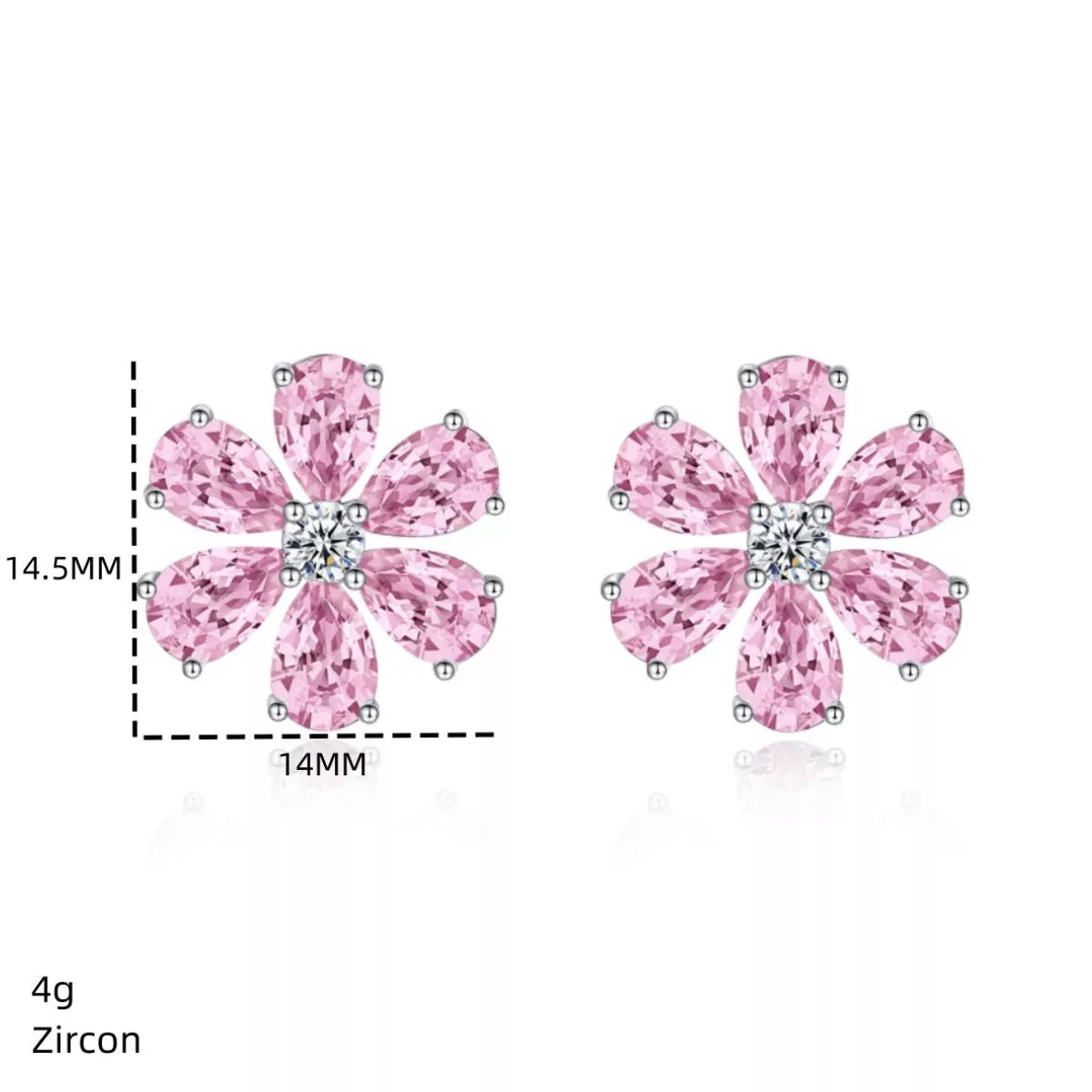Pink flower stud earring size diagram showing 14.5 mm height and 14 mm width