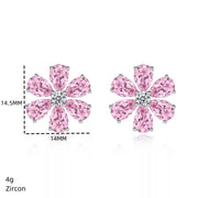 Pink flower stud earring size diagram showing 14.5 mm height and 14 mm width