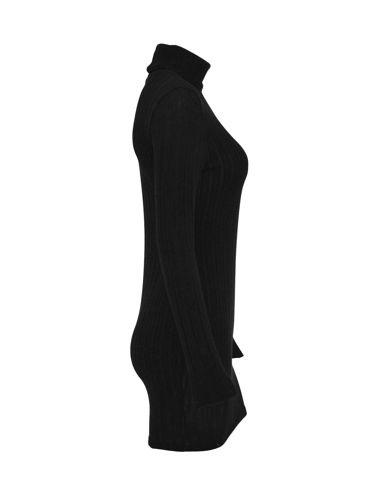 Side product view of black ribbed dress