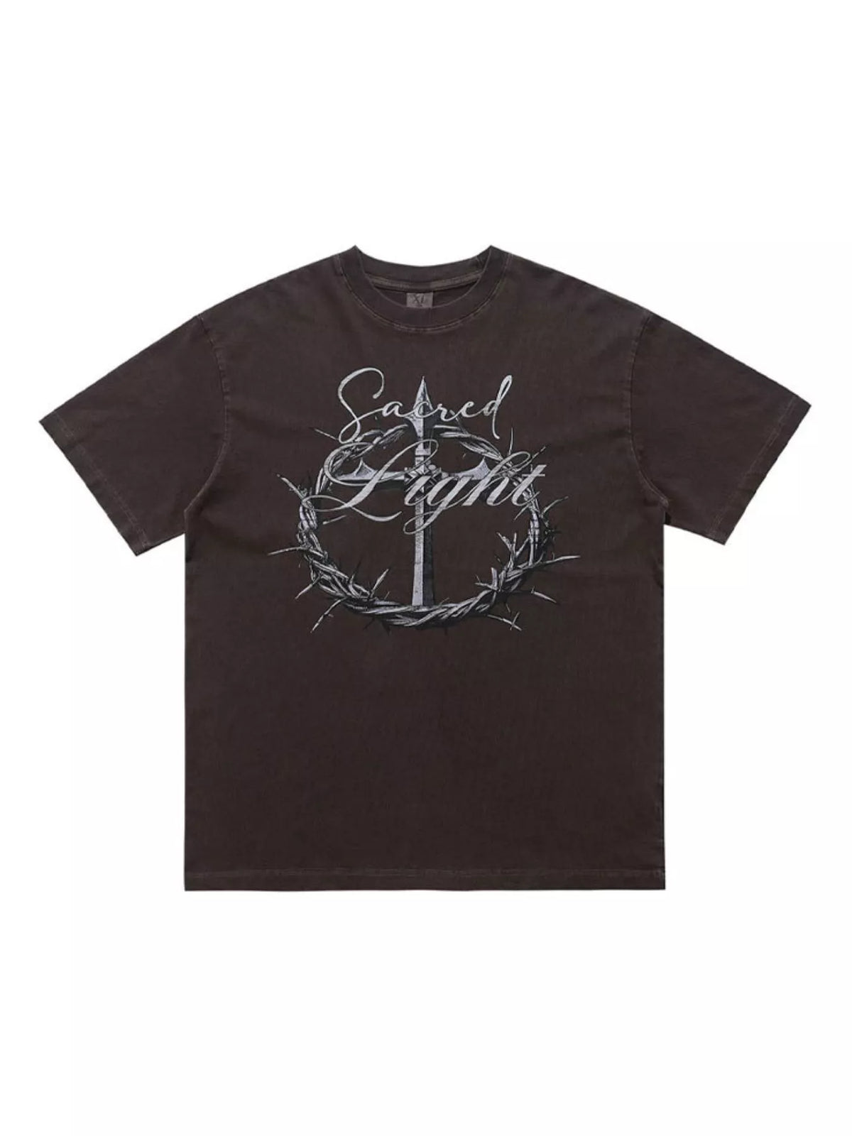 Brown graphic T-shirt shown flat, front view