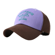 Purple and brown two-tone baseball cap with embroidered front lettering