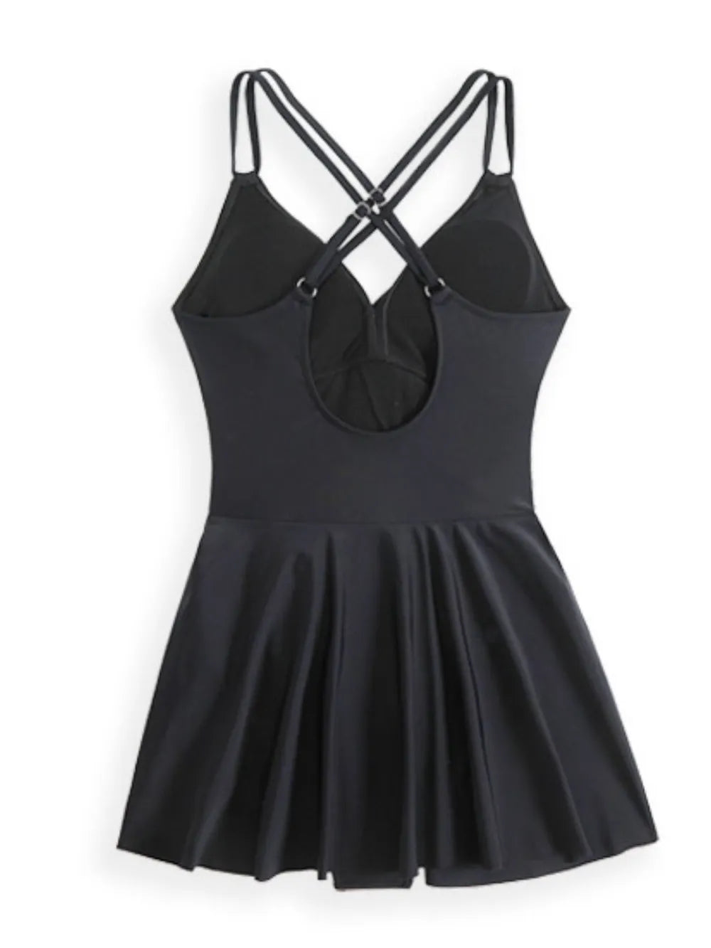 Black twisted-front one-piece swimsuit, angled standing view
