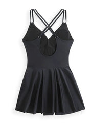Black twisted-front one-piece swimsuit, angled standing view