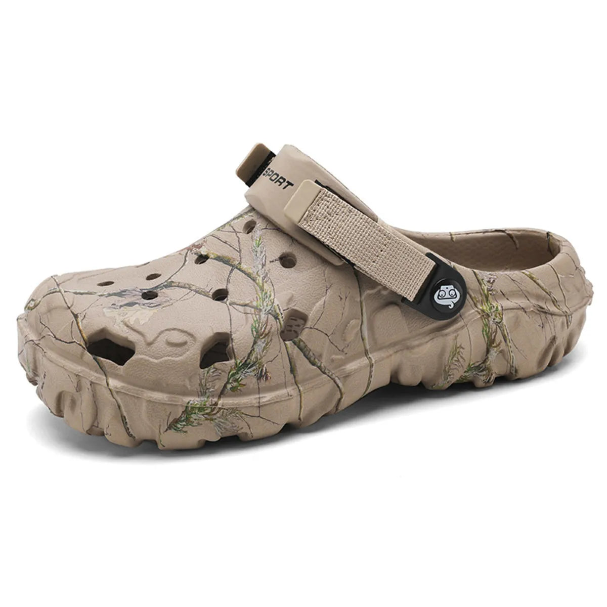 Angled view of a khaki printed round-toe clog with open heel