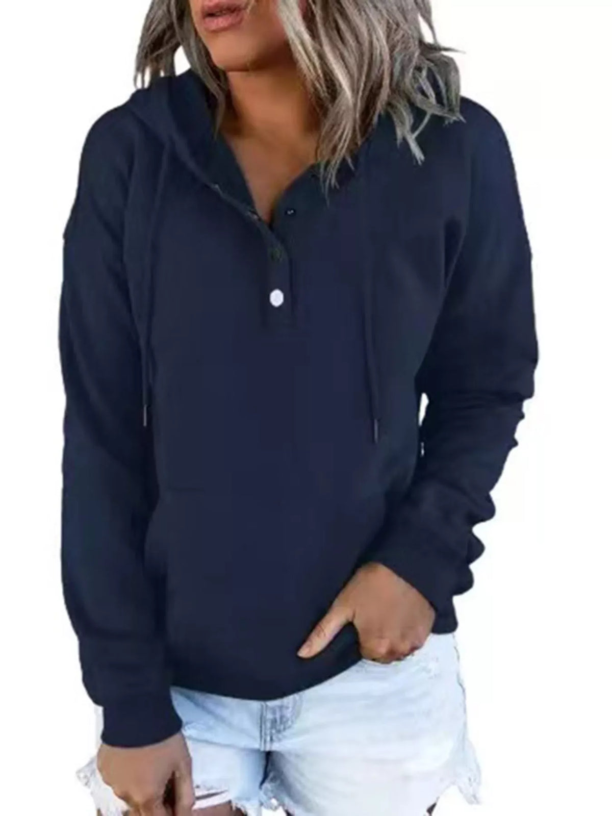 Women’s plus-size kangaroo-pocket drawstring hoodie in navy front view