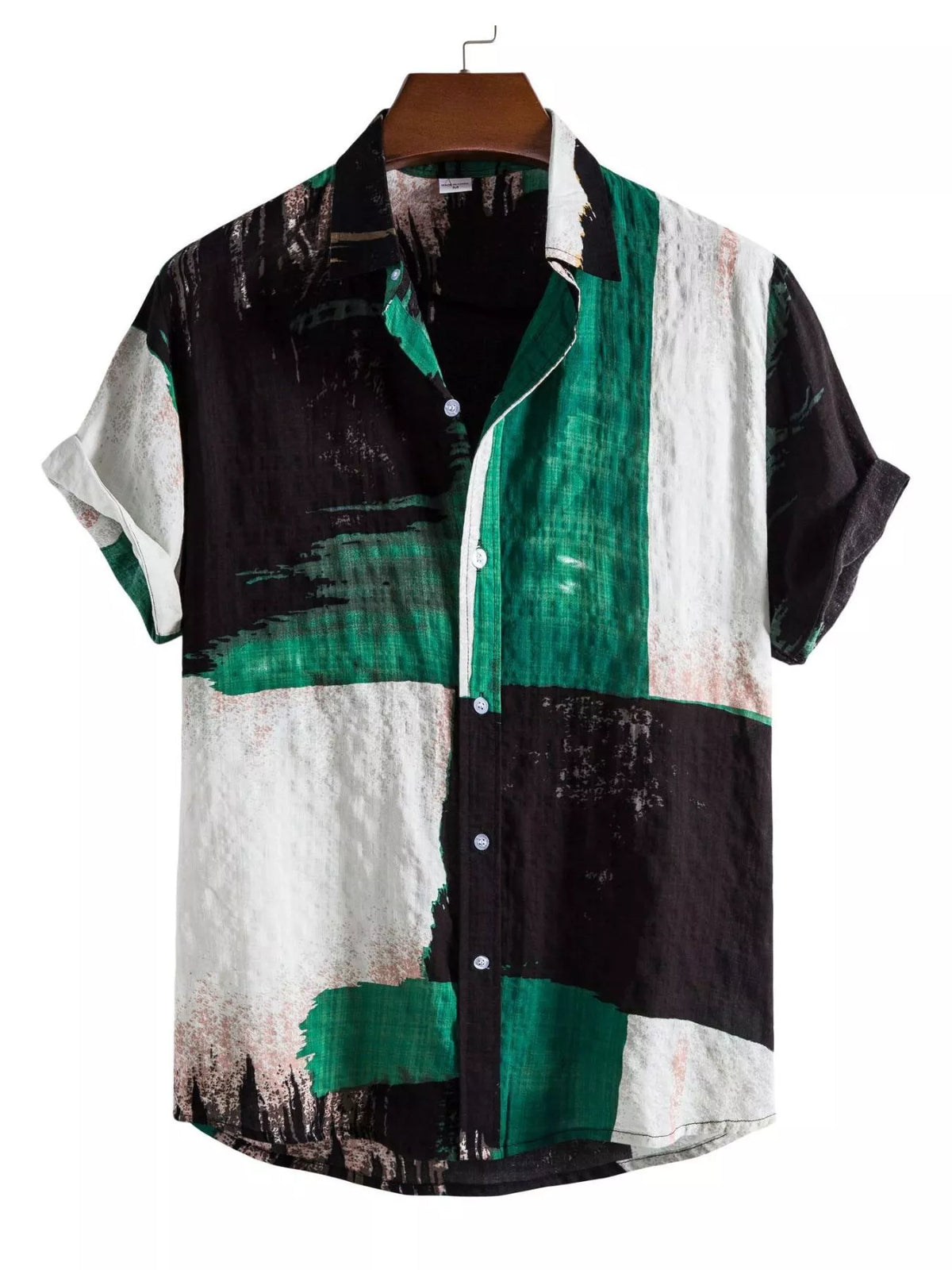 Green, black and white color-block short-sleeve button-up shirt shown from the front