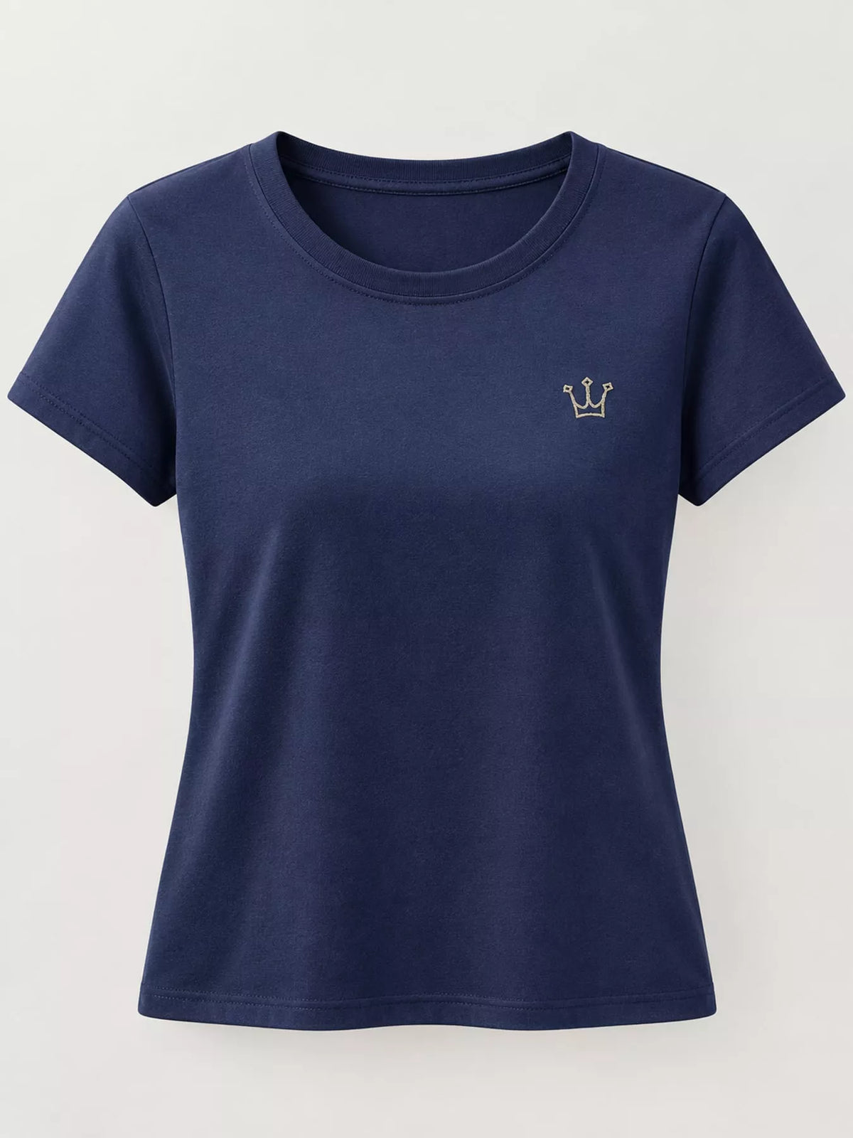 Front view of a navy short-sleeve crewneck T-shirt with a small crown emblem.