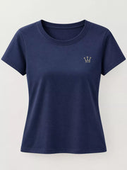 Front view of a navy short-sleeve crewneck T-shirt with a small crown emblem.