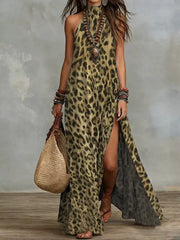 Tan leopard-print halter maxi dress with a high side slit, full-length front view.