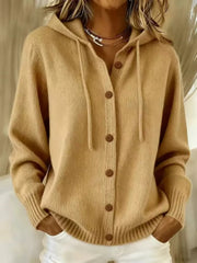 Gray knit cardigan hem with ribbed trim and front pockets