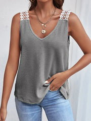 Gray V-neck tank with floral lace shoulder straps