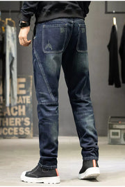 Back view of dark blue straight-leg jeans with patch pockets and contrast seams