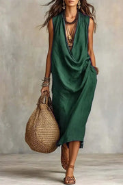 Green sleeveless midi dress with draped neckline, full-length front view