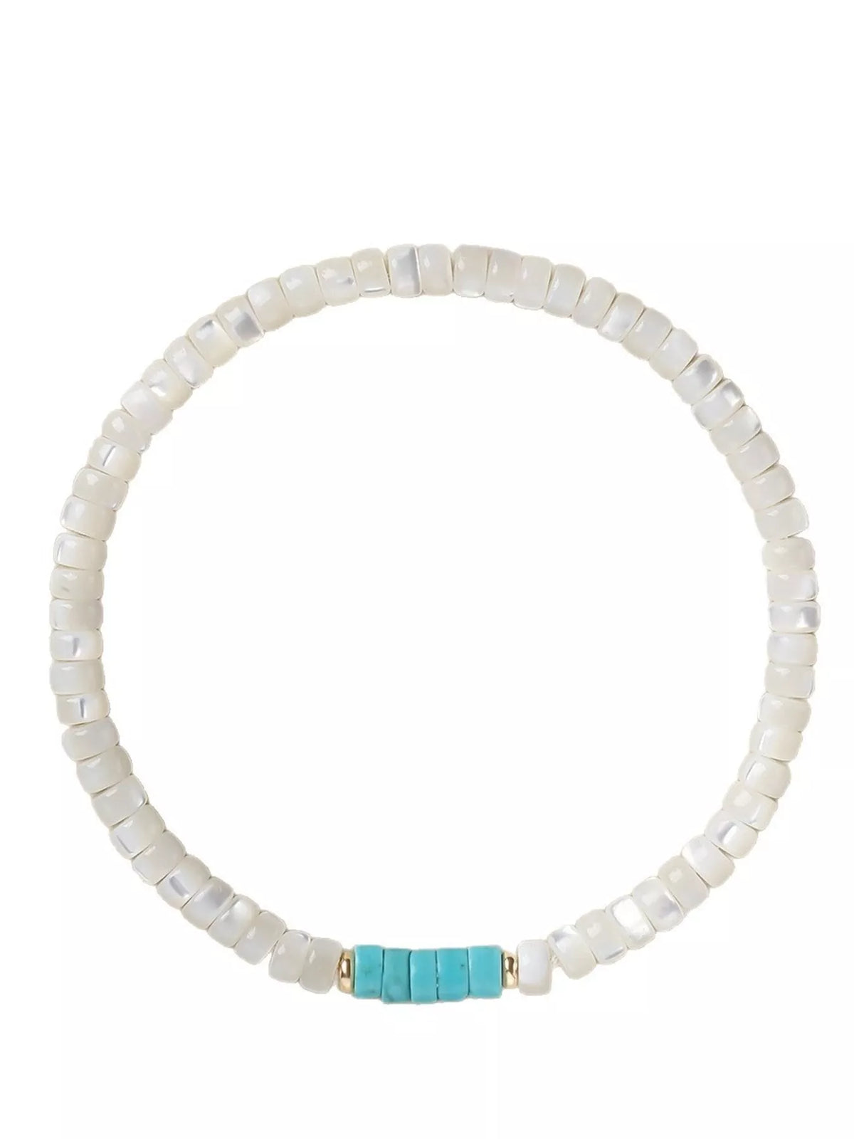 White beaded bracelet with turquoise centerpiece arranged in a circle on a light background