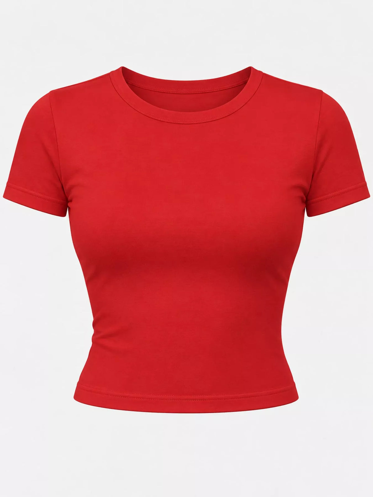 Red short-sleeve cropped crew neck T-shirt shown from the front.