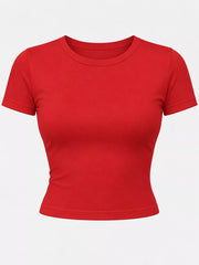 Red short-sleeve cropped crew neck T-shirt shown from the front.