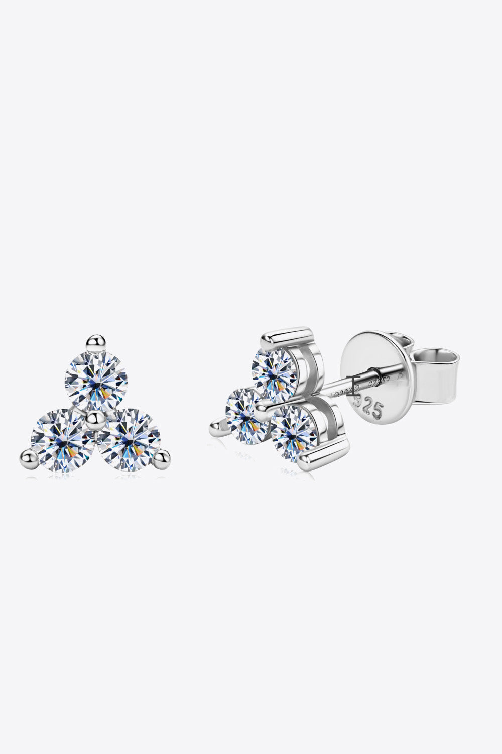 Silver-tone three-stone moissanite stud earrings, front and side