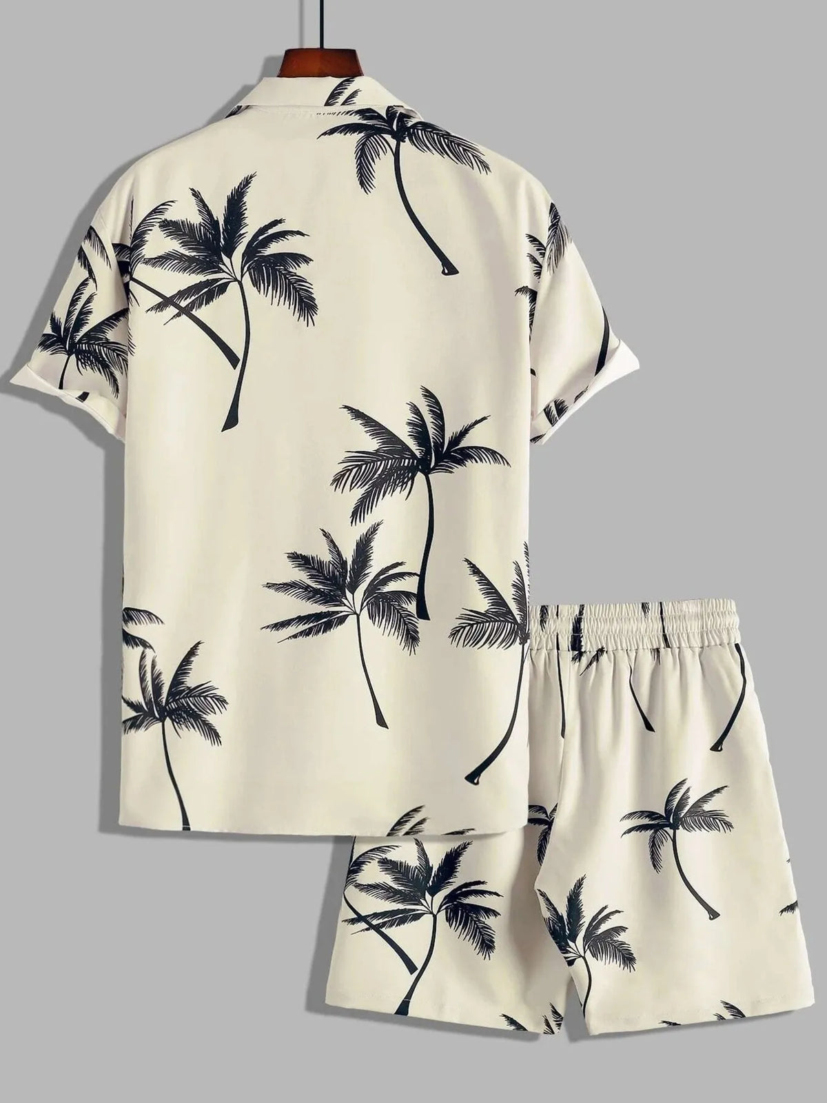 Light blue palm-print shirt and shorts set, back view