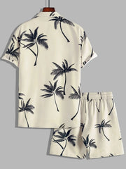 Light blue palm-print shirt and shorts set, back view