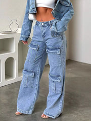 Light blue wide-leg cargo jeans with large flap pockets on the thighs