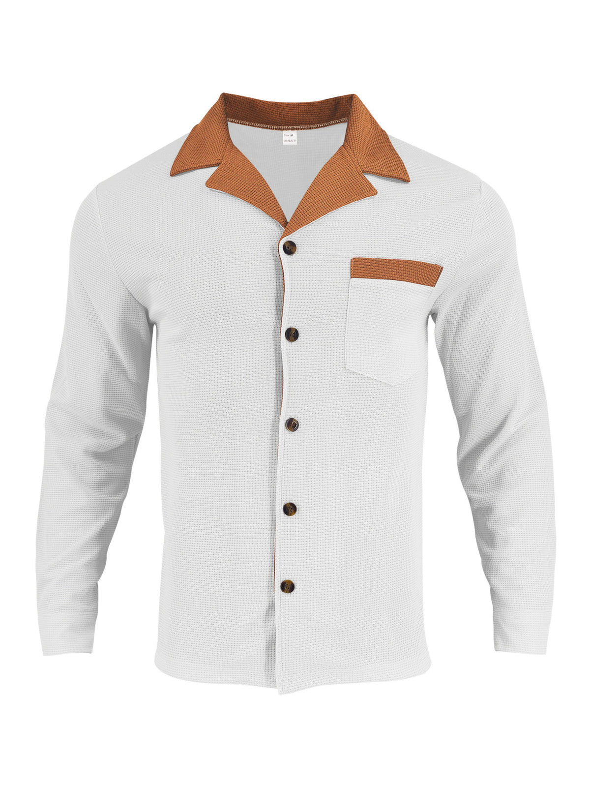 Close view of the contrasting collar and button placket