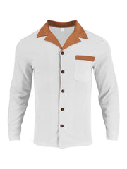 Close view of the contrasting collar and button placket