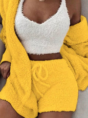 Bright yellow fuzzy lounge set with crop top, cardigan and shorts